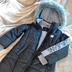 Calvin Klein Big Girls Aerial Faux-Fur-Trim Hooded Long Puffer Jacket-Size M